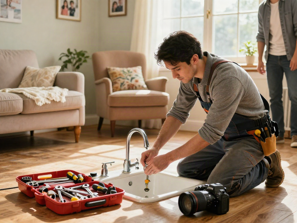 Expert home repair services Des Moines Iowa enhancing a cozy living room with a handyman fixing a faucet.