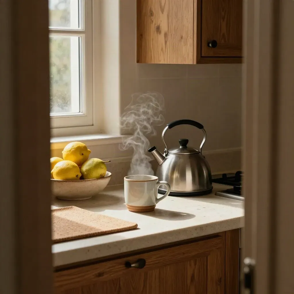 Steam rises from a kettle beside a mug, rolled mat, and fruit bowl in a warm kitchen corner.