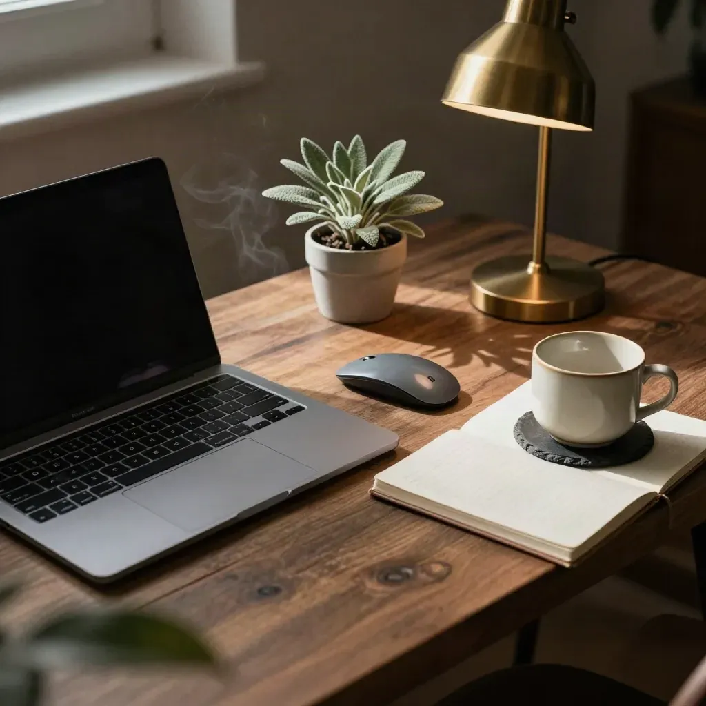 Closed laptop, mouse, notebook, lamp, plant and steaming cup on a sunlit walnut desk.