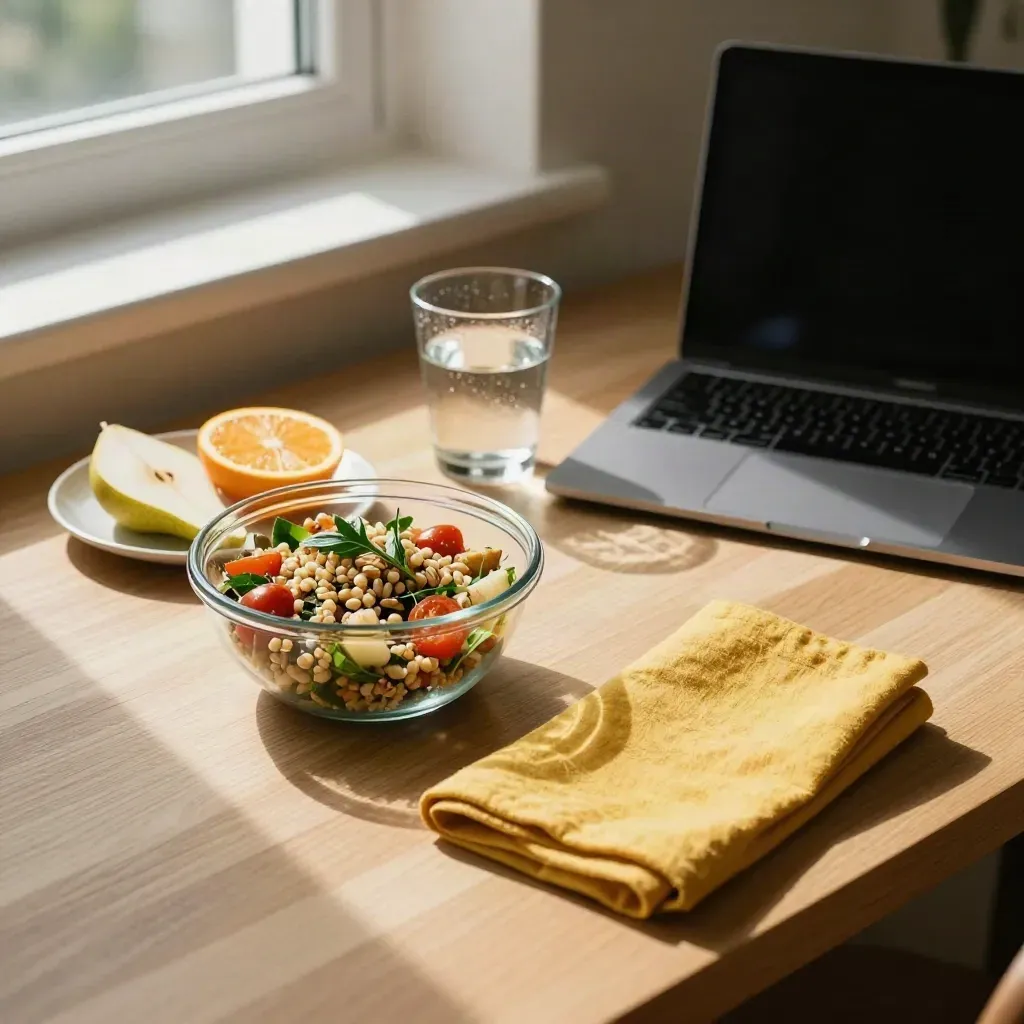 Overhead desk lunch with sealed bowl, fruit, water glass, and dark laptop in warm window light.