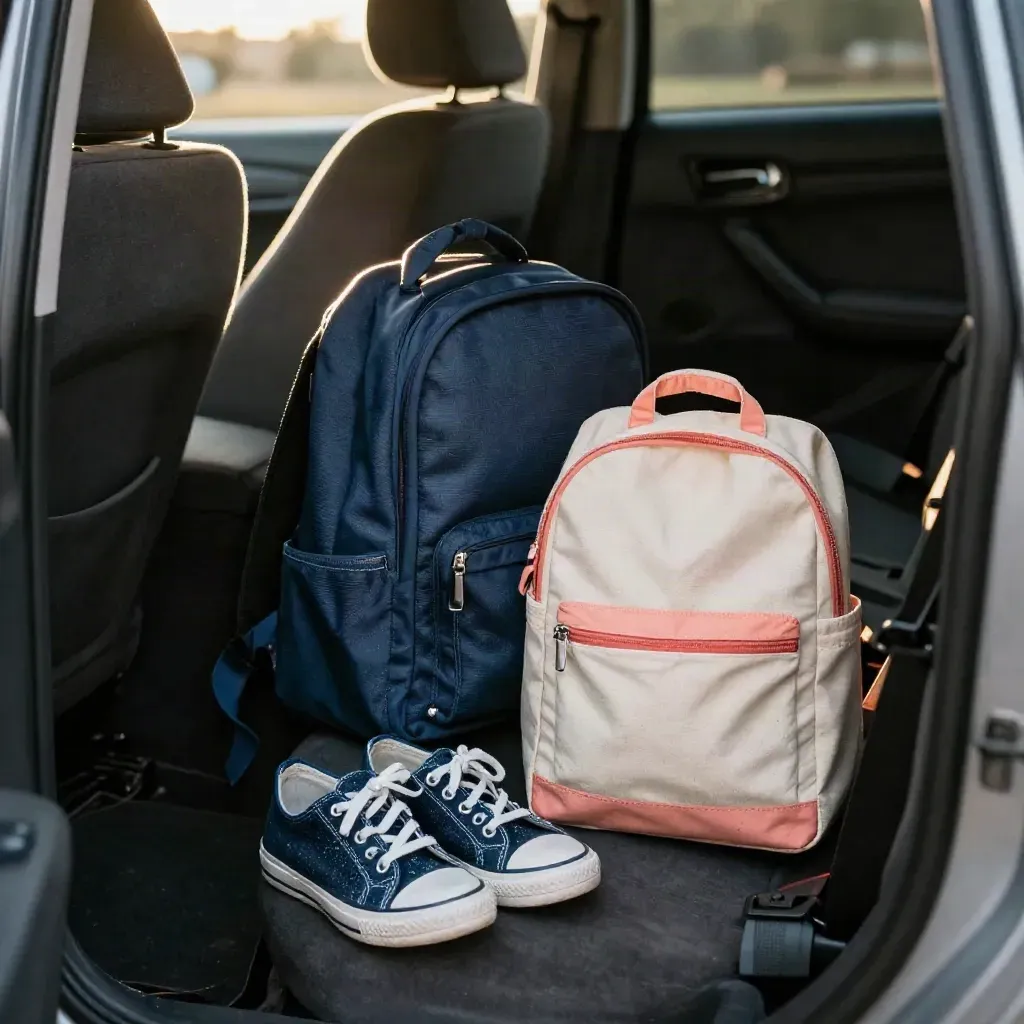 Open car rear seat with backpack, lunch bag, and kids’ sneakers in cool morning light