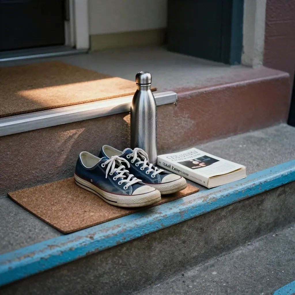 Shaded stoop with sneakers, folded mat, water bottle, and paperback in heat haze.