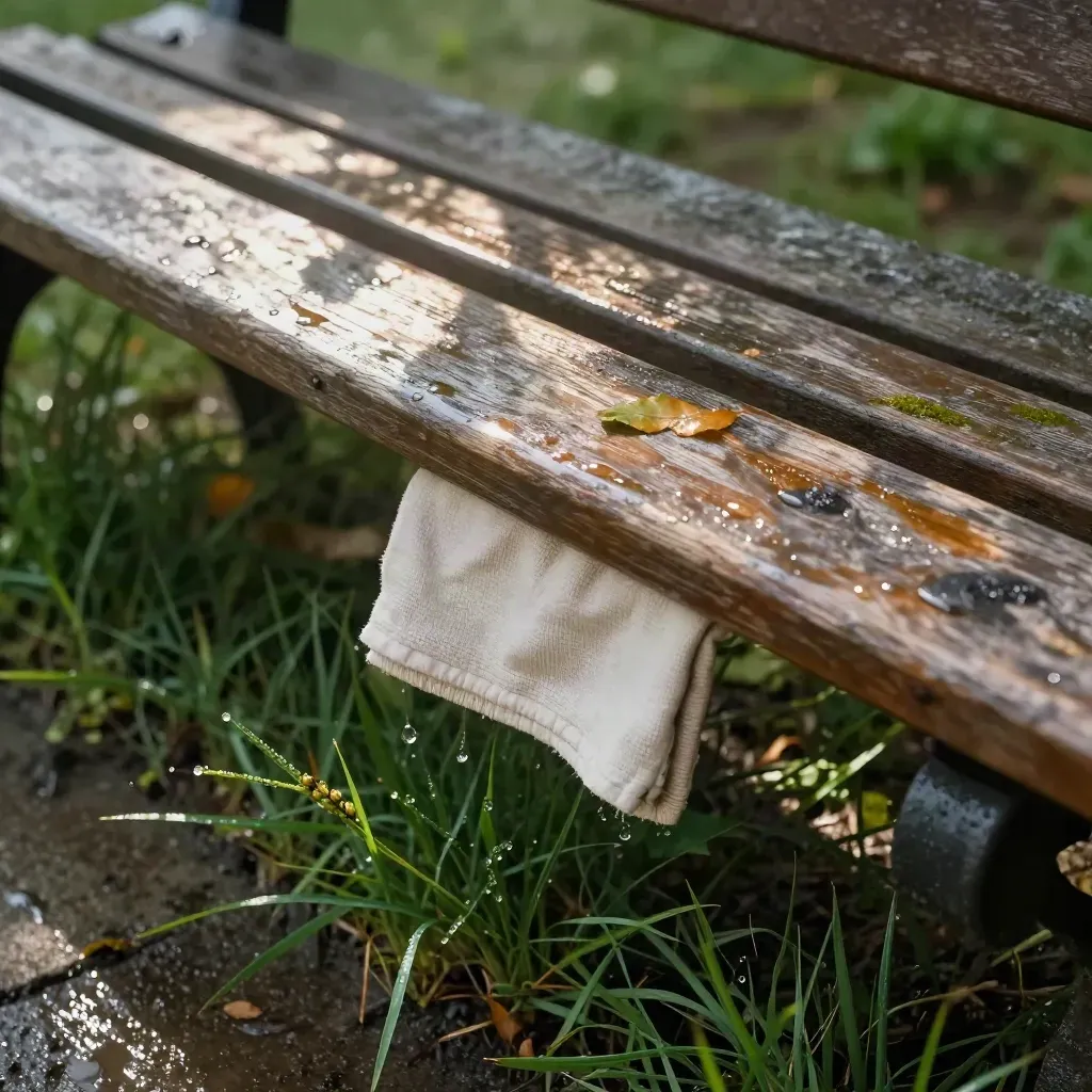 Wet park grass, a bench edge, and a damp picnic cloth in dappled noon light after rain.
