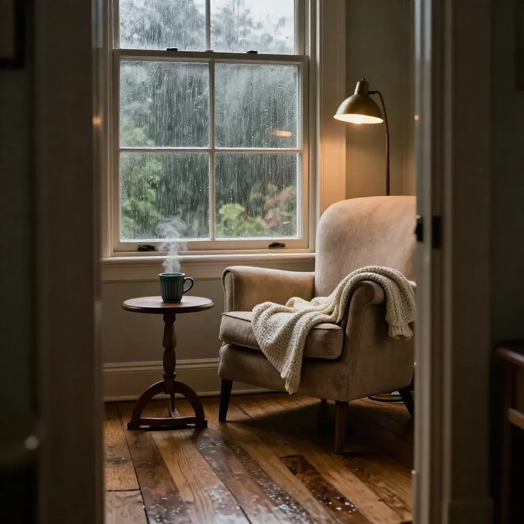 Cozy reading corner with steaming mug, knit throw, and rain-streaked window