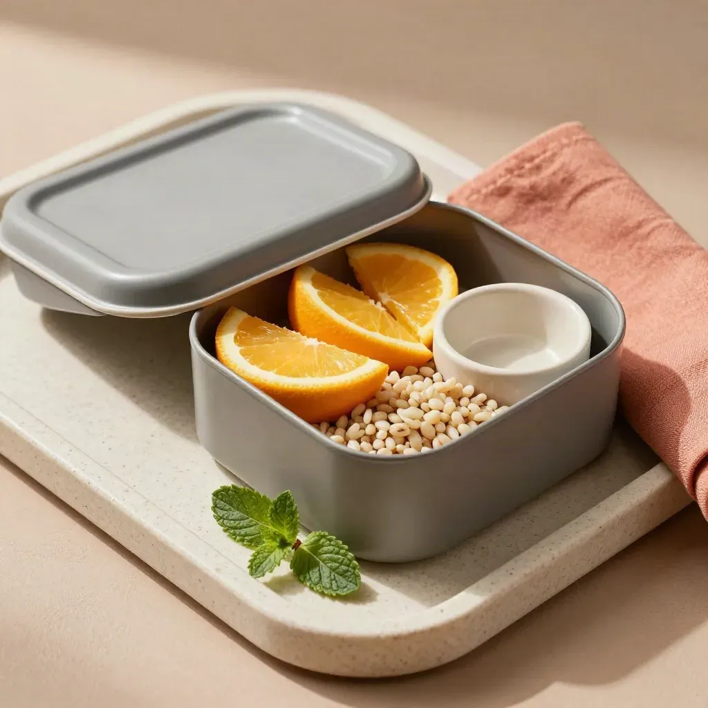 Lunch container with citrus, coral napkin, and ceramic dish on a stone tray